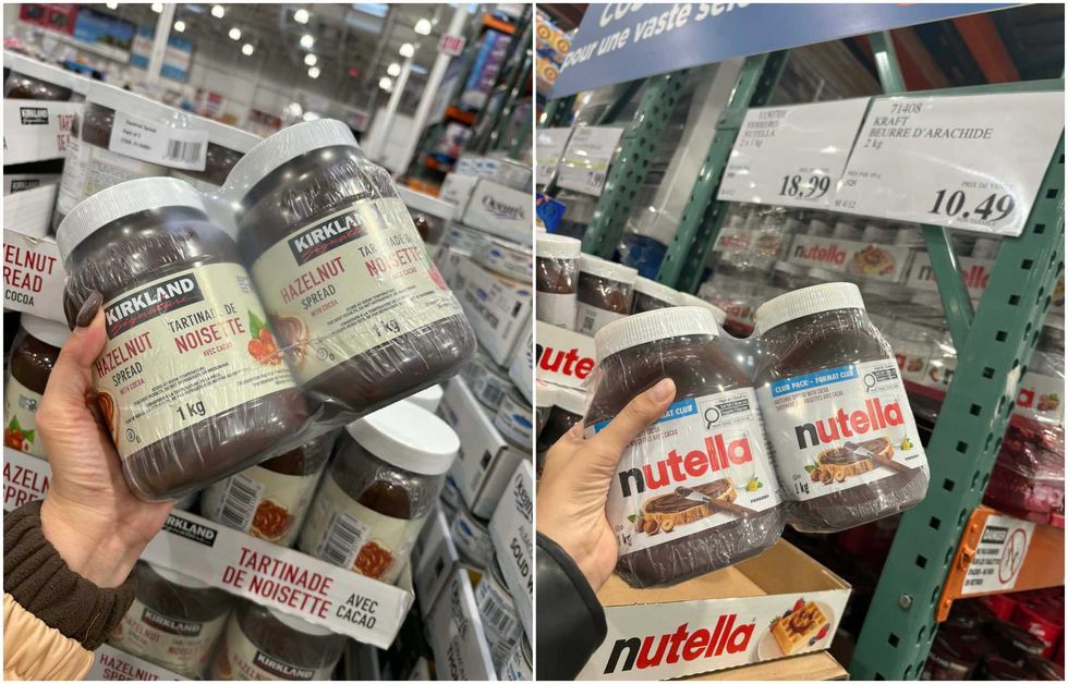 La tartinade de noisette de la marque Kirkland Signature au Costco. Droite : La tartinade de noisette de la marque Nutella au Costco