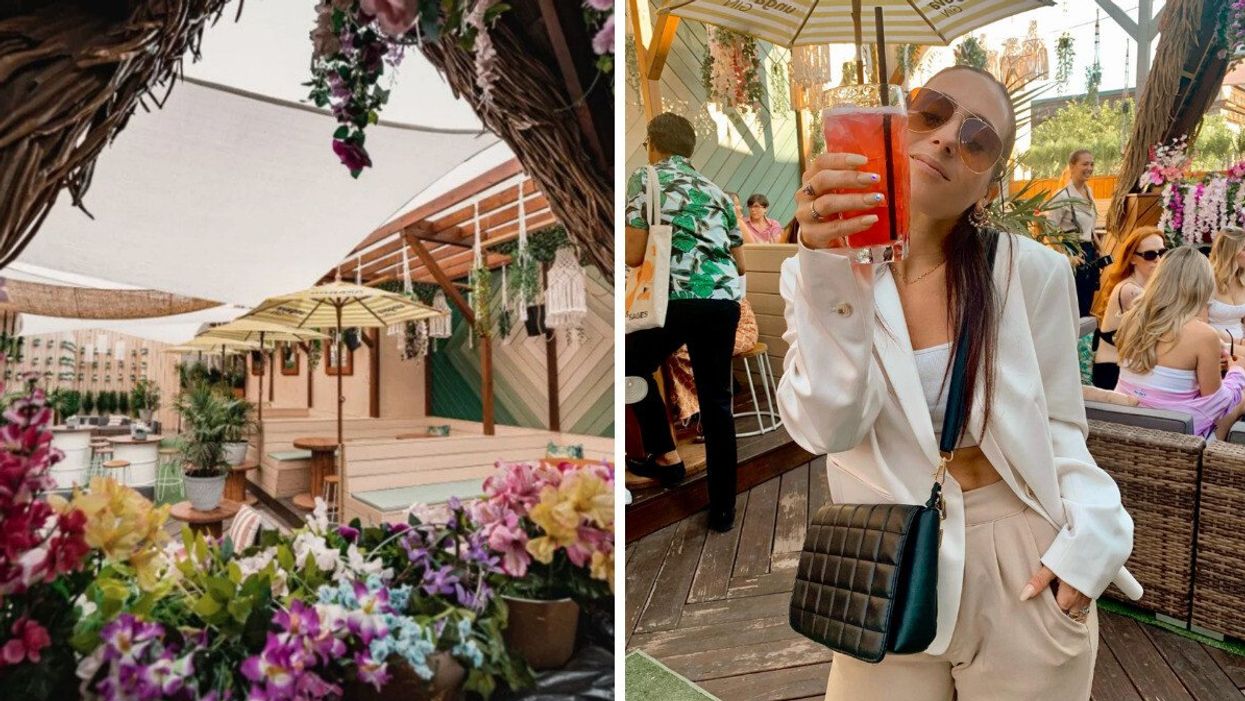 La terrasse Ciel Rose, pleine de fleurs et de verdure. Droite : Une femme et son cocktail à la terrasse Ciel Rose.