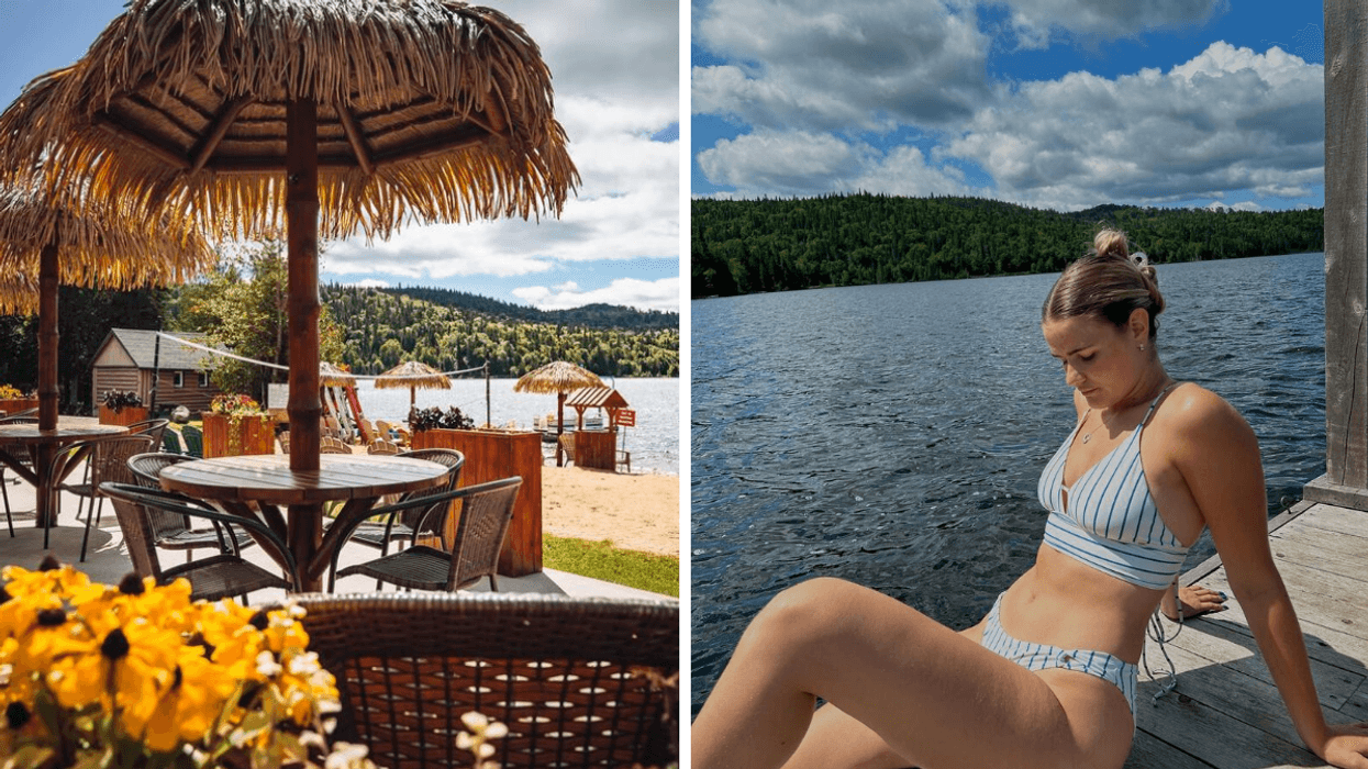 La terrasse du Domaine Bazinet. Droite : Une personne au bord de l'eau.
