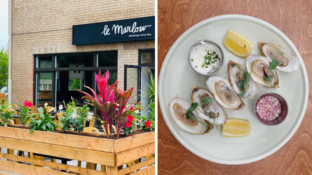 La terrasse du restaurant Le Marlow sur la Rive-Sud de Montréal. Droite : Une assiette d'huîtres avec citron et mignonette.