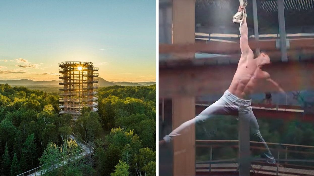 La tour panoramique de Sentier des cimes. Droite : Un acrobate suspendu à un tissus.