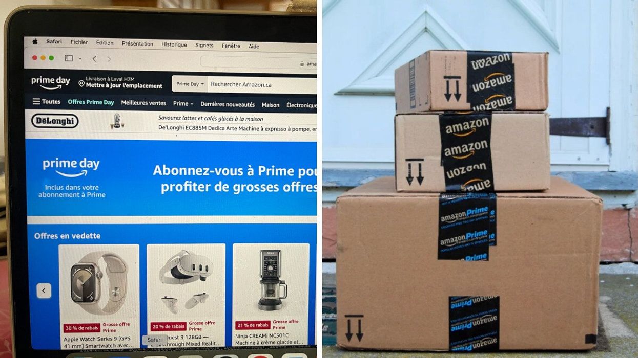 La vente accès prioritaire « Prime Day ». Droite : Des boîtes Amazon.