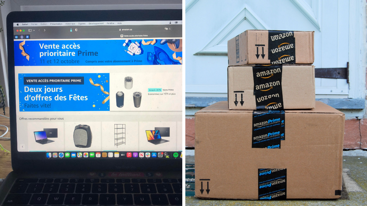 La vente accès prioritaire Prime. Droite : Des boîtes Amazon.