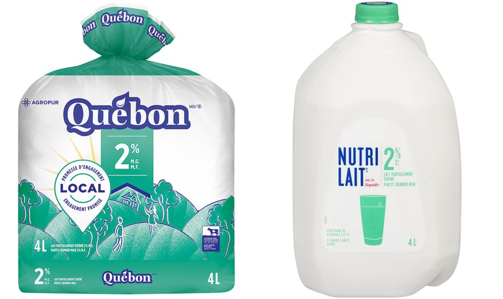 Lait 2 % de Qu\u00e9bon. Droite : Lait 2% de Nutrilait.