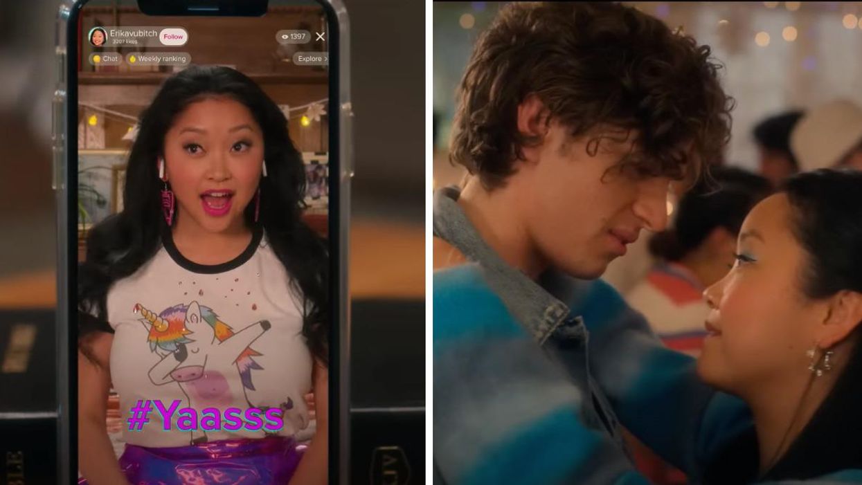 Lana Condor dans un écran de téléphone. Droite : Deux personnes de la nouvelle série Netflix, Boo, Bitch.