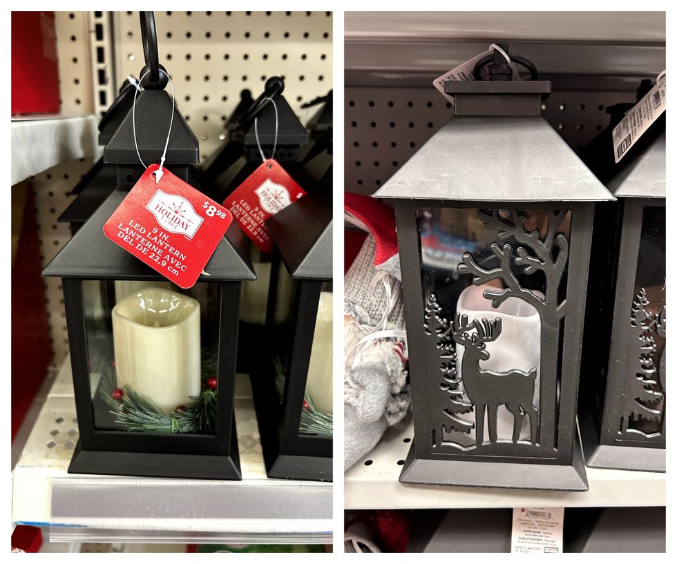 Lanterne noire avec une chandelle \u00e0 batterie et une couronne de No\u00ebl qui l'entoure. Droite : Lanterne noire avec une chandelle \u00e0 batterie.