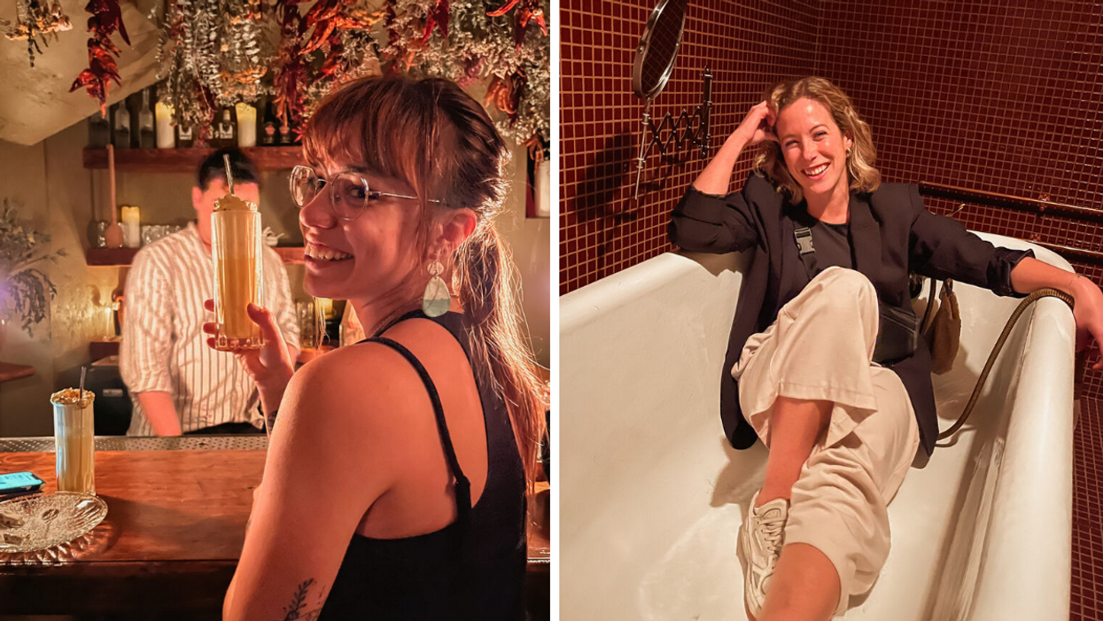 Laurie avec un cocktail. Droite : Françoise au bar Baby.