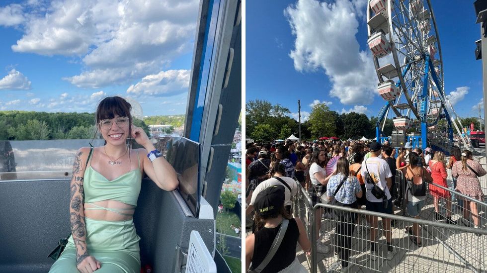 Laurie dans la grande roue \u00e0 Osheaga. Droite : La file d'attente pour la grande roue.