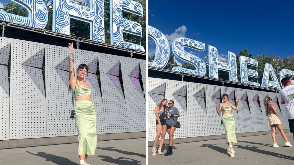 Laurie devant l'enseigne Osheaga. Droite : Laurie entour\u00e9e d'autres photoshoots devant l'enseigne Osheaga.