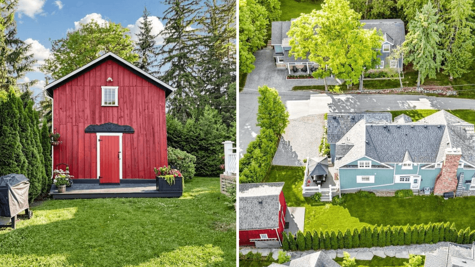 Le b\u00e2timent commercial \u00e0 l'ext\u00e9rieur. Droite : Vue de haut de la demeure.