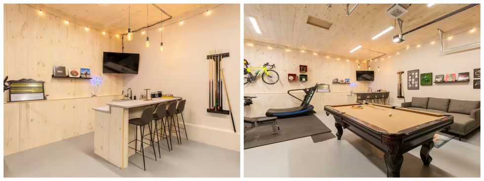 Le bar dans le garage. Droite : La salle de jeux et le gym dans le garage.