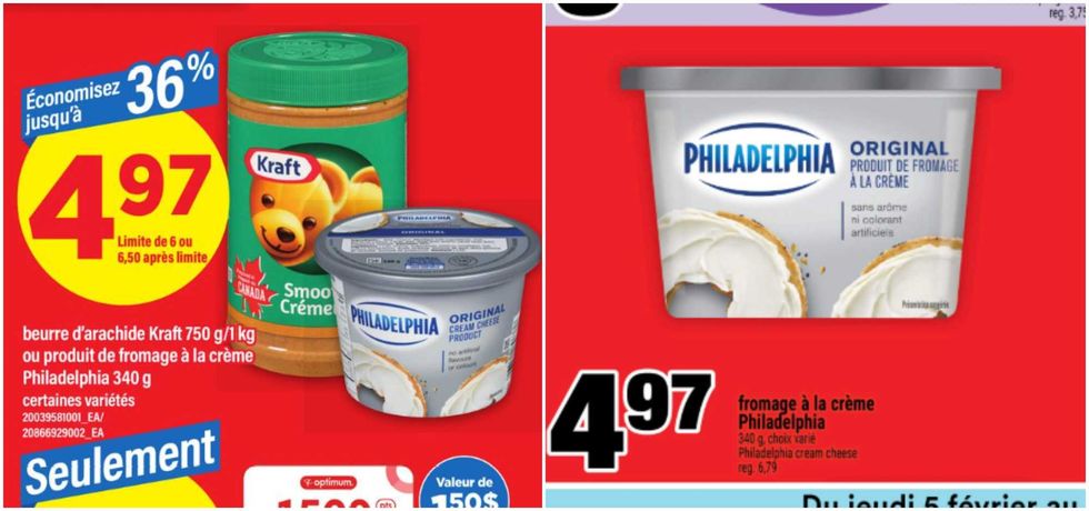 Le beurre d\u2019arachide Kraft et le fromage \u00e0 la cr\u00e8me Philadelphia dans la circulaire du Maxi. Droite : Le fromage \u00e0 la cr\u00e8me Philadelphia dans la circulaire du Super C.