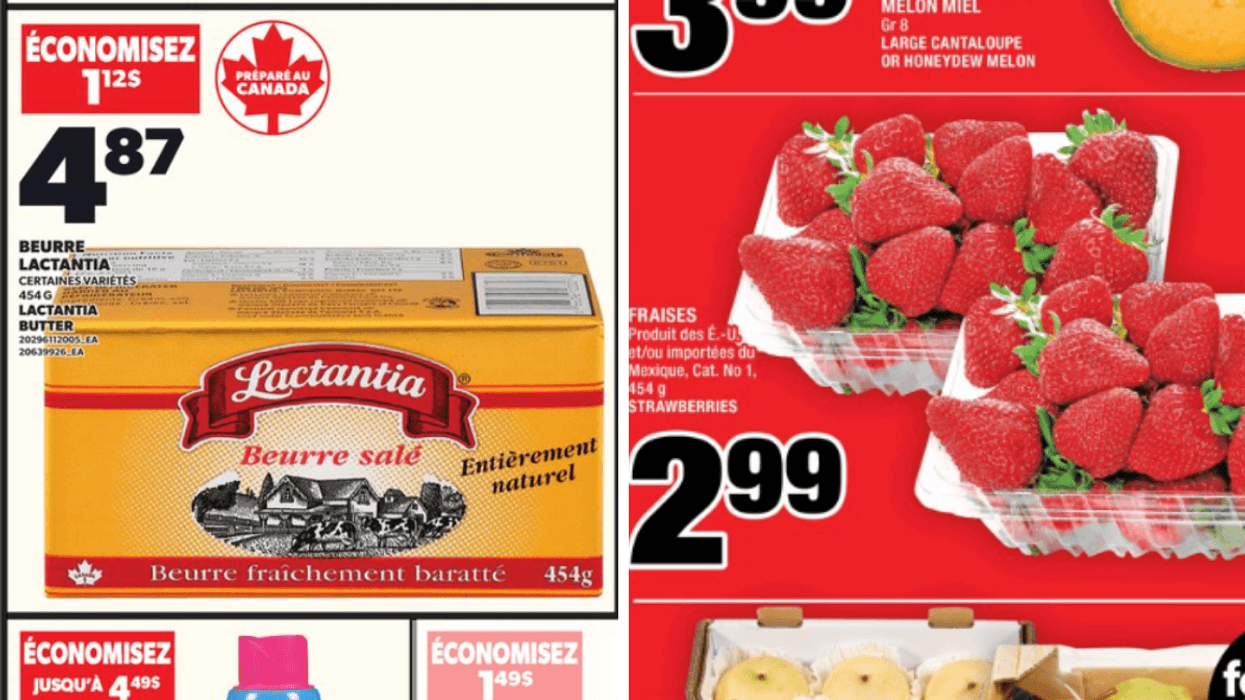 Le beurre salé Lactantia en rabais au Provigo. Droite : Les fraises en rabais au Super C.