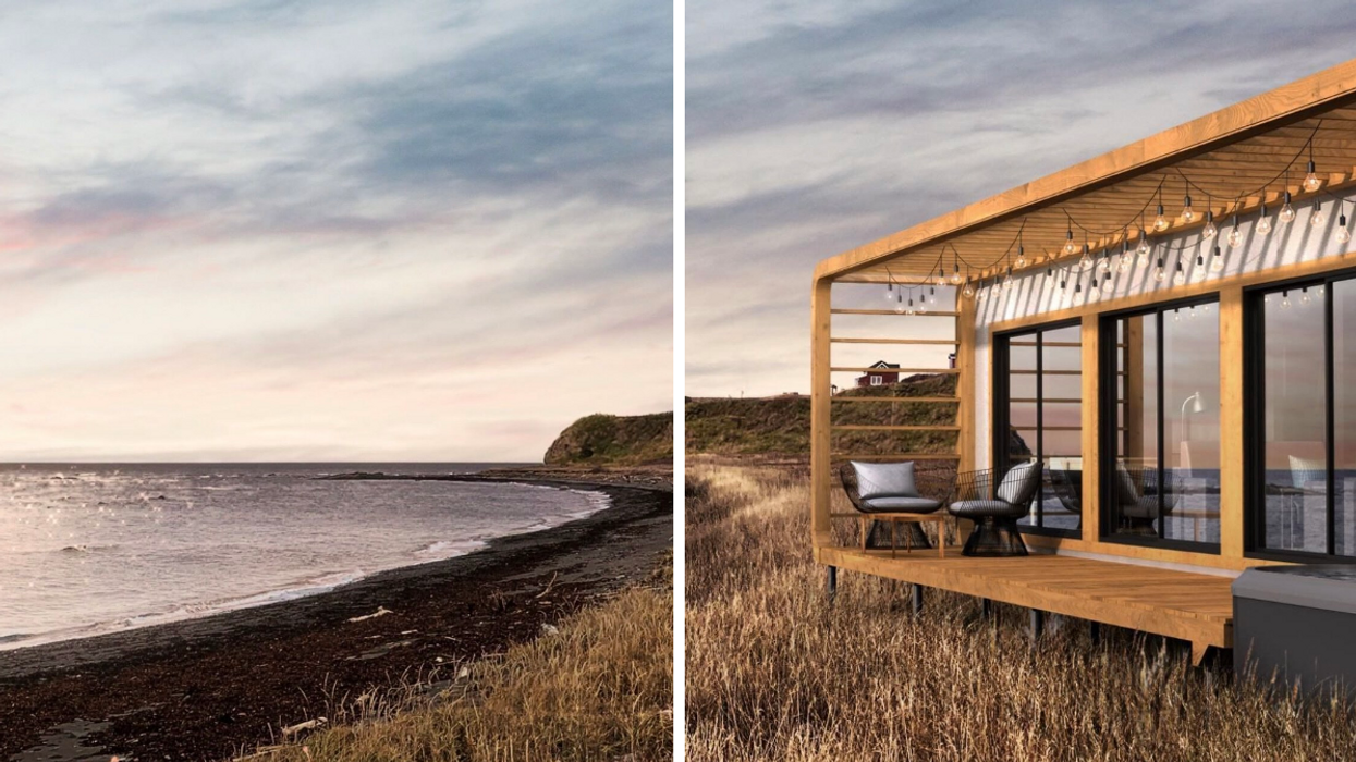 Le bord du fleuve Saint-Laurent. Droite : Une loge Panora en bois avec terrasse devant le fleuve Saint-Laurent.