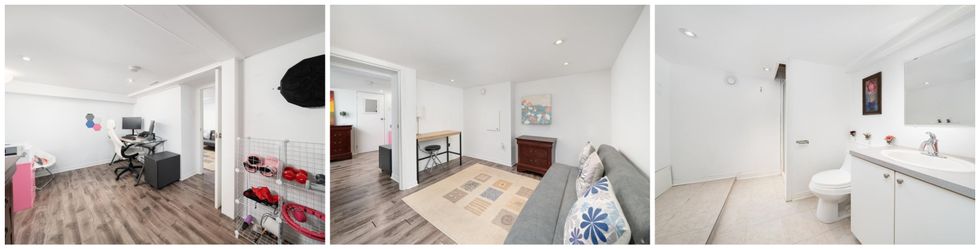 Le bureau. Centre : La salle familiale. Gauche : La salle de bains du sous-sol.