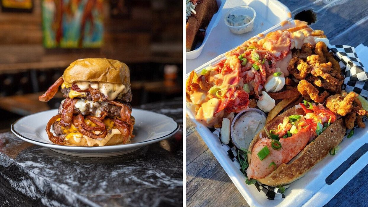Le burger Cerbère du Notre-Boeuf-de-Grâce dans une assiette. Droite : L'Assiette Ultime de Chez Mag dans un plat à emporter.