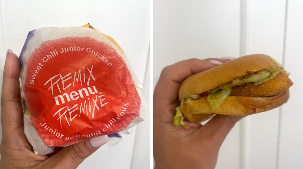 Le burger Junior au poulet chili doux dans son emballage rouge. Droite : Le Junior au poulet chili doux dans une main.