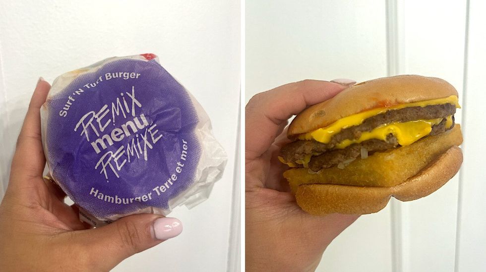 Le burger Terre et mer dans son emballage mauve. Droite : Le burger Terre et mer dans une main.