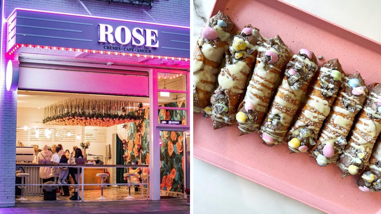 Le café rose. Droite : Des cannoli au Mini Eggs.