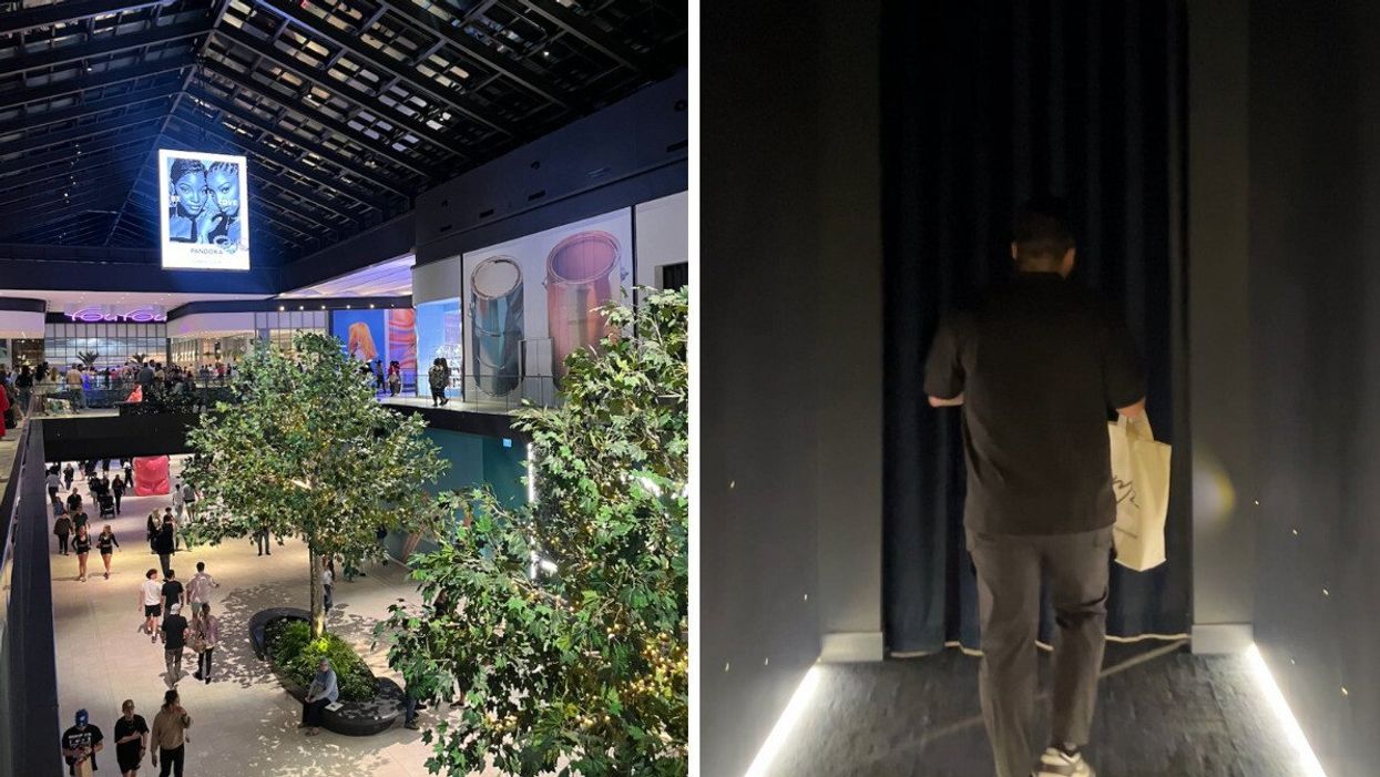 Le centre commercial Royalmount. Droite : L'entrée du speakeasy.