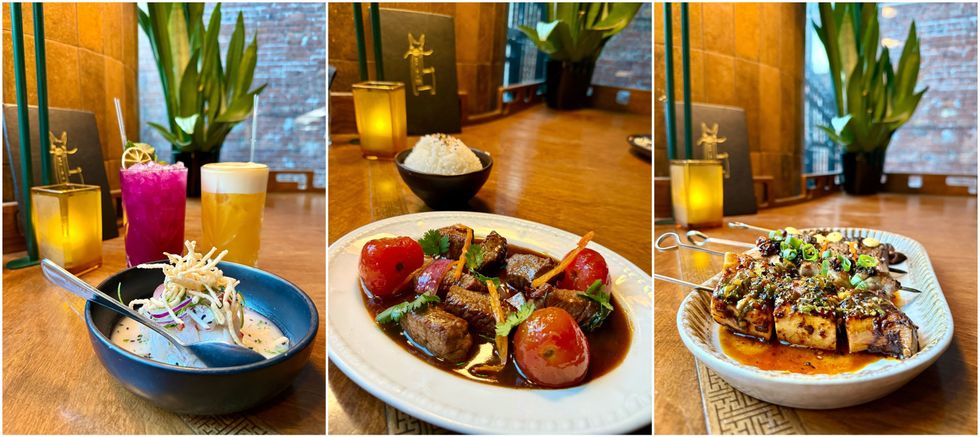 Le ceviche. Centre : lomo saltado. Droite : le combo anticuchos.