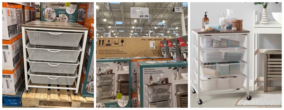 Le chariot roulant en maille au Costco. Centre : Le prix du chariot roulant en maille au Costco. Droite : Le chariot roulant en maille avec des items rang\u00e9s dedans.