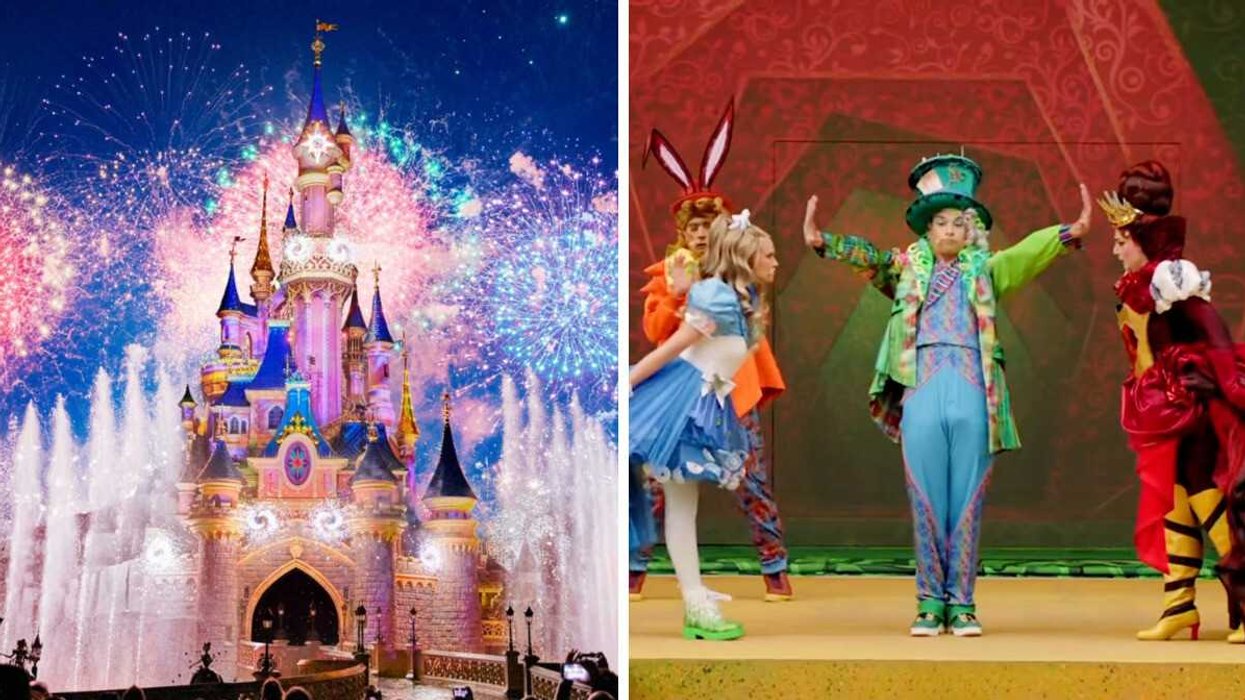 Le château de Disneyland Paris. Droite : Le spectacle Alice et la Reine de Cœur : Retour au Pays des Merveilles à Disneyland Paris.
