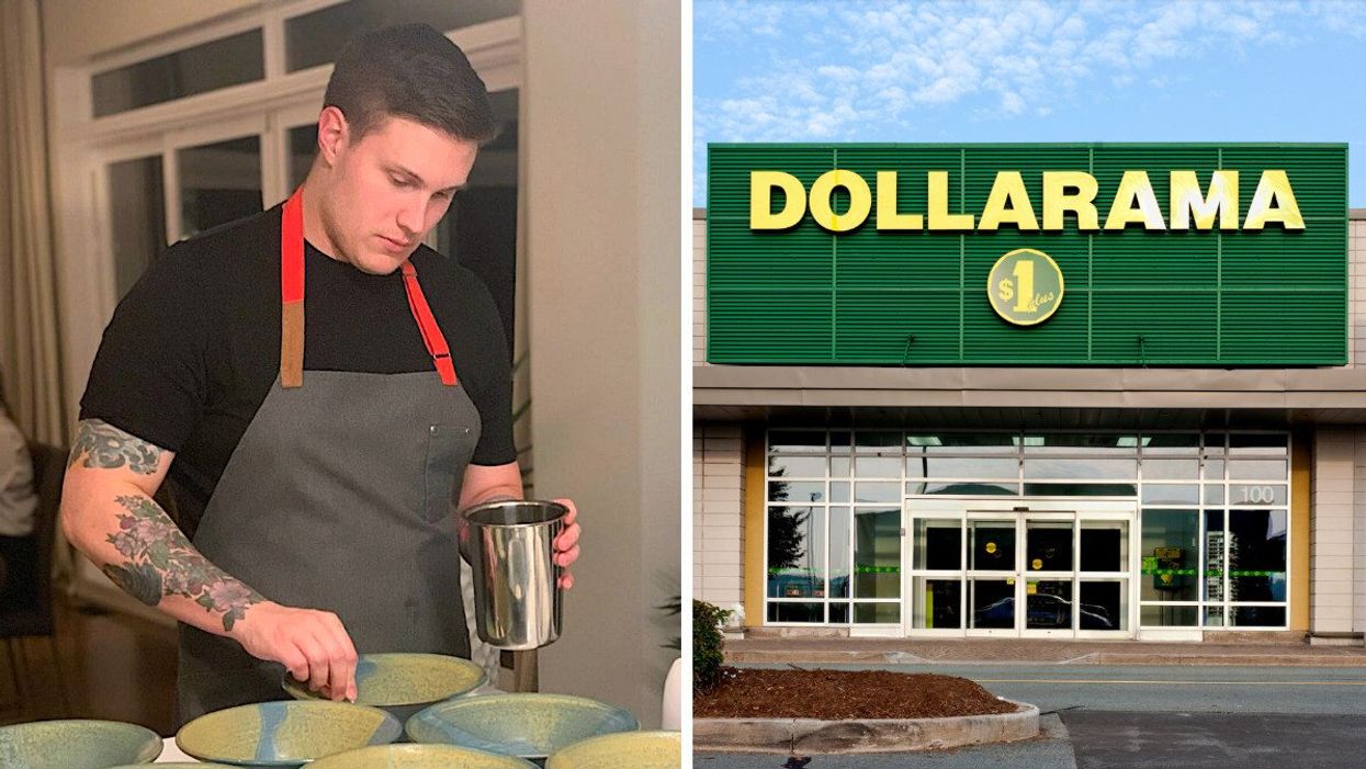 Le chef David Giroux qui prépare des assiettes pour le service. Droite : Façade d'un Dollarama.
