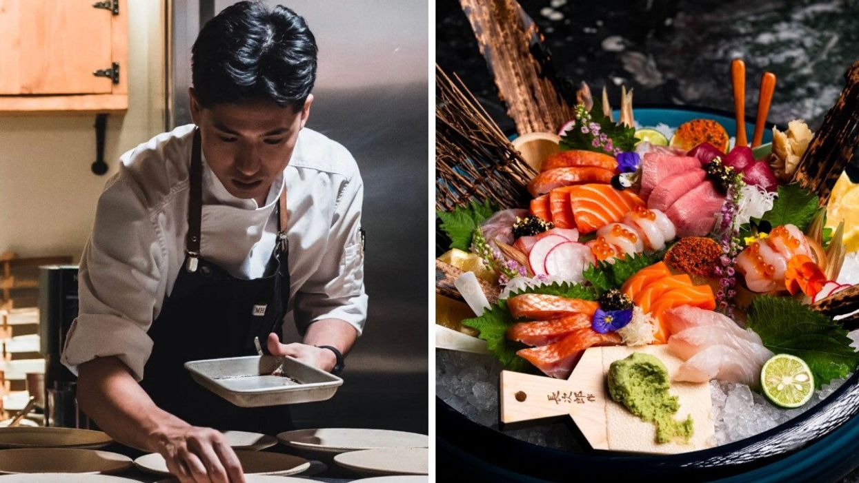 Le chef Michael Ho en action. Droite : Un plateau de cru du Nama Omakase