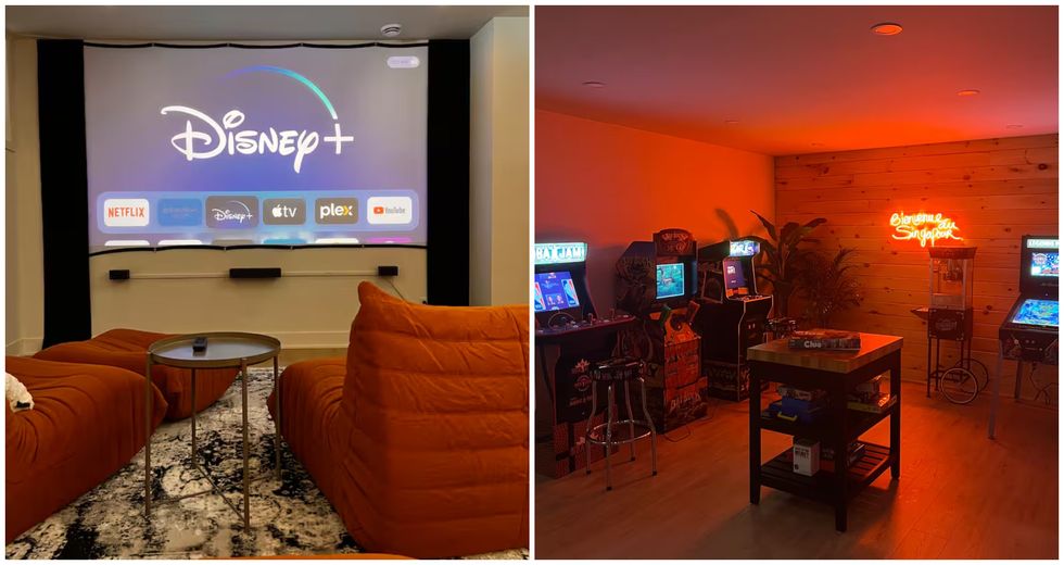 Le cin\u00e9ma maison. Droite : La salle d'arcade.