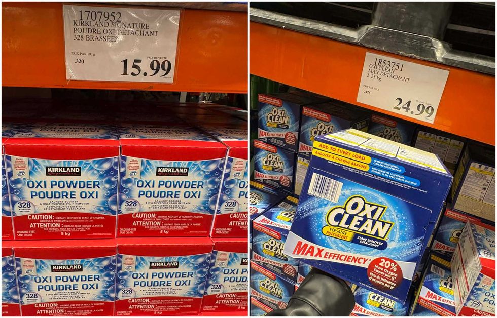 Le d\u00e9tachant en poudre oxy de la marque Kirkland Signature au Costco. Droite : Le d\u00e9tachant en poudre oxy de la marque OxiClean au Costco