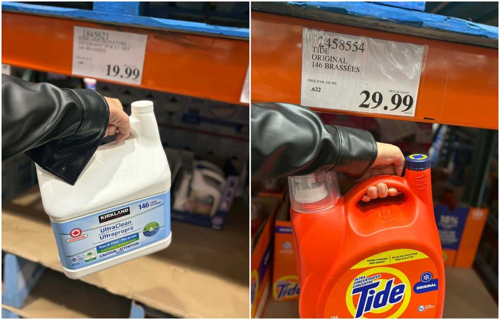 Le d\u00e9tergent \u00e0 lessive liquide de la marque Kirkland Signature au Costco. Droite : Le d\u00e9tergent \u00e0 lessive liquide de la marque Tide au Costco