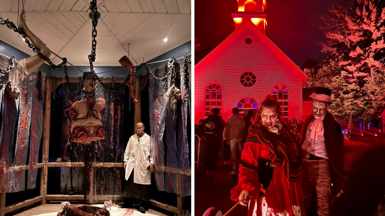 Le décor du Village hanté du Village Québécois d’Antan. Droite : Des personnages du Village Québécois d’Antan.