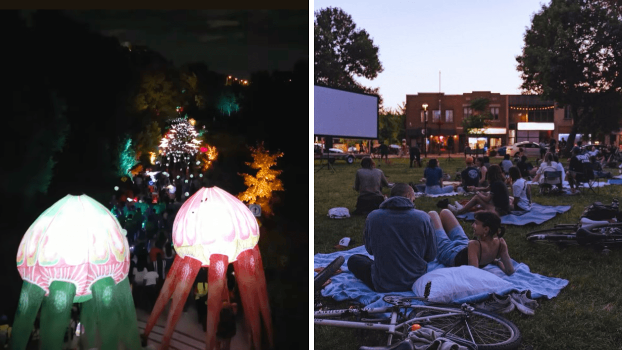 Le défilé des Lumières de Saint-Michel. Droite : Des gens devant un grand écran dans un parc à Montréal.