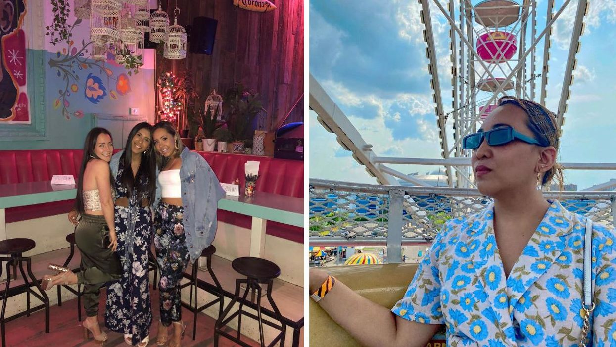 Le Dirty Dive Bar du Quartier Dix30. Droite : La grande roue d'une fête foraine.