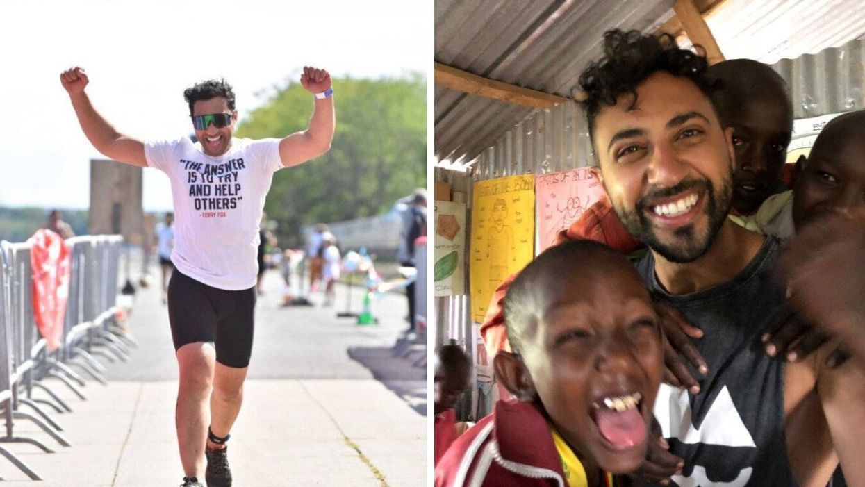 Le Dr Altalibi qui participe à Ironman. Droite : le Dr Altalibi avec des patient.es.