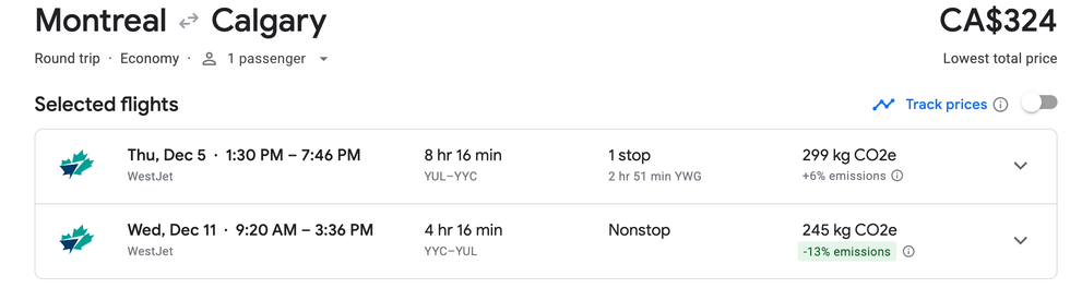 Le forfait de vols aller-retour Montr\u00e9al-Calgary sur Google Flights.