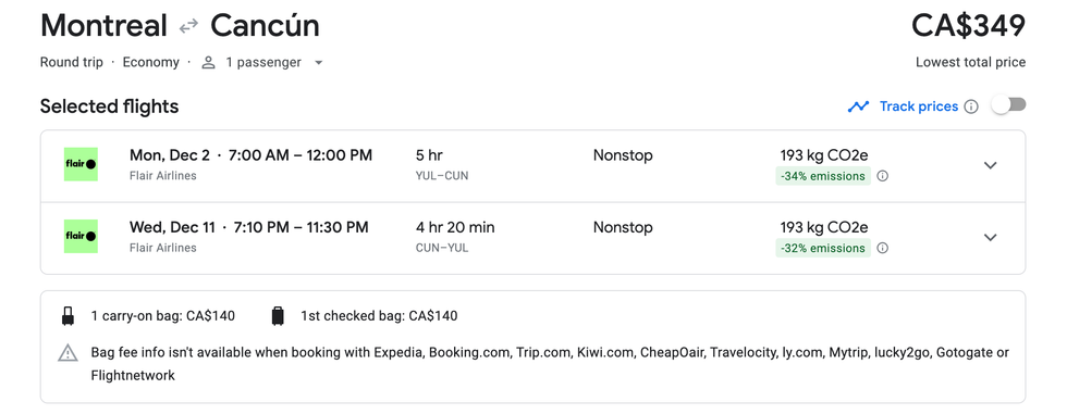 Le forfait de vols aller-retour Montr\u00e9al-Cancun sur Google Flights.