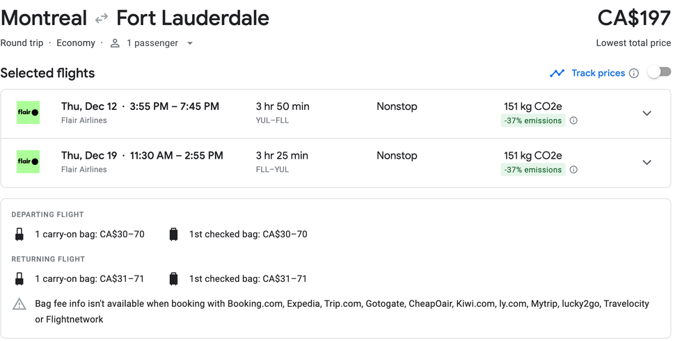 Le forfait de vols aller-retour Montr\u00e9al-Fort Lauderdale sur Google Flights.
