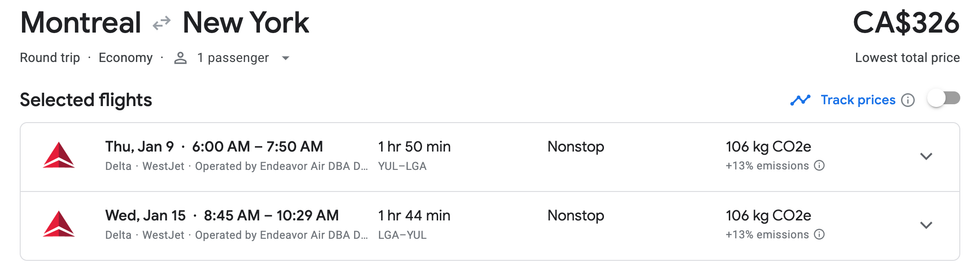 Le forfait de vols aller-retour Montr\u00e9al-New York sur Google Flights.