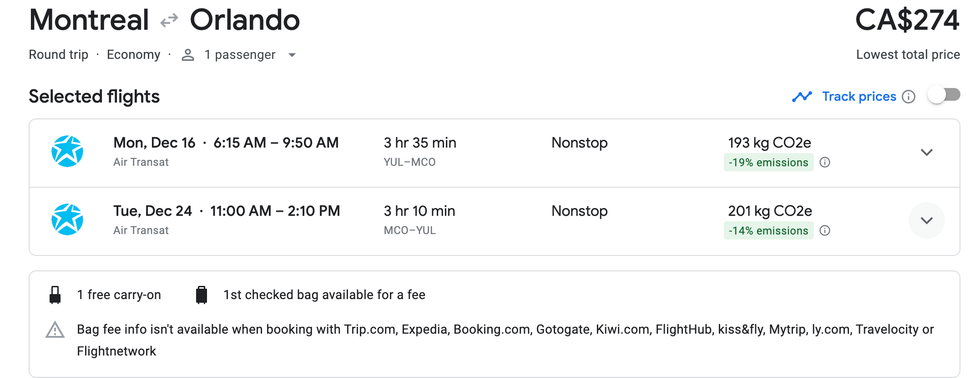 Le forfait de vols aller-retour Montr\u00e9al-Orlando sur Google Flights.