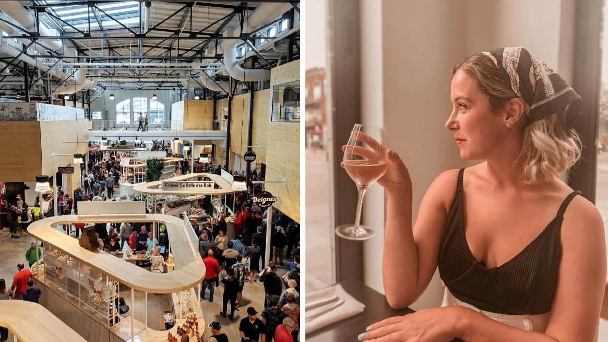 Le Grand Marché de Québec. Droite : Dégustation de vins.