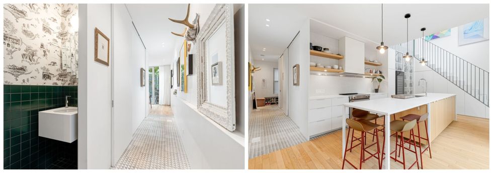 Le hall d'entr\u00e9e avec salle d'eau. Droite : La cuisine et le hall d'entr\u00e9e.