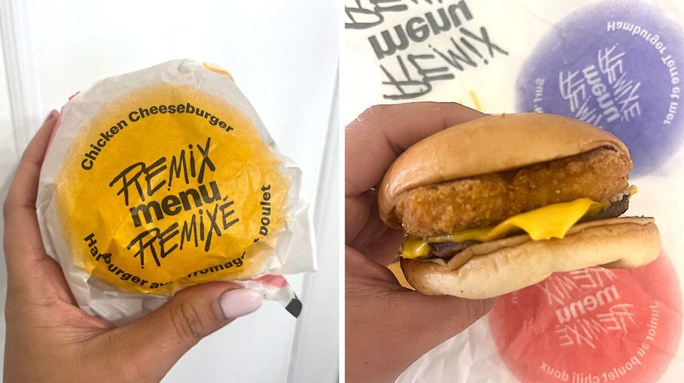 Le hamburger avec fromage et poulet dans son emballage jaune. Droite : Le hamburger avec fromage et poulet dans une main.