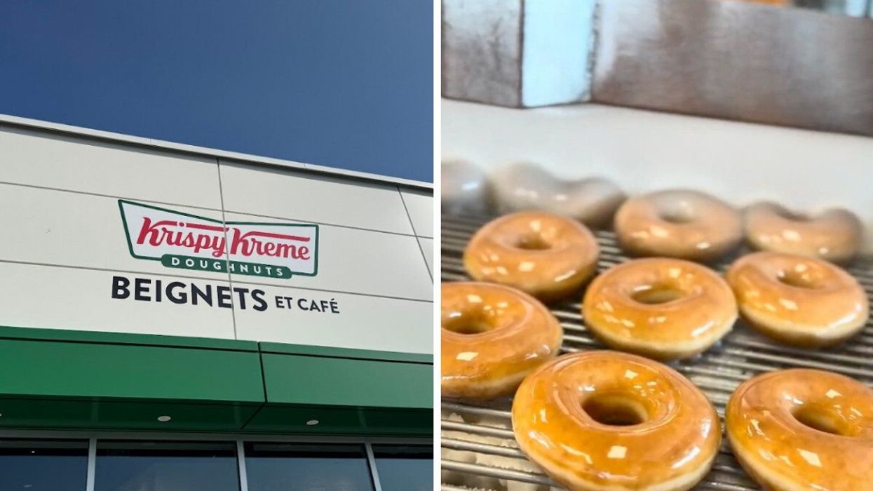 Le Krispy Kreme de Laval. Droite : Des beignes du Krispy Kreme se font glacer.