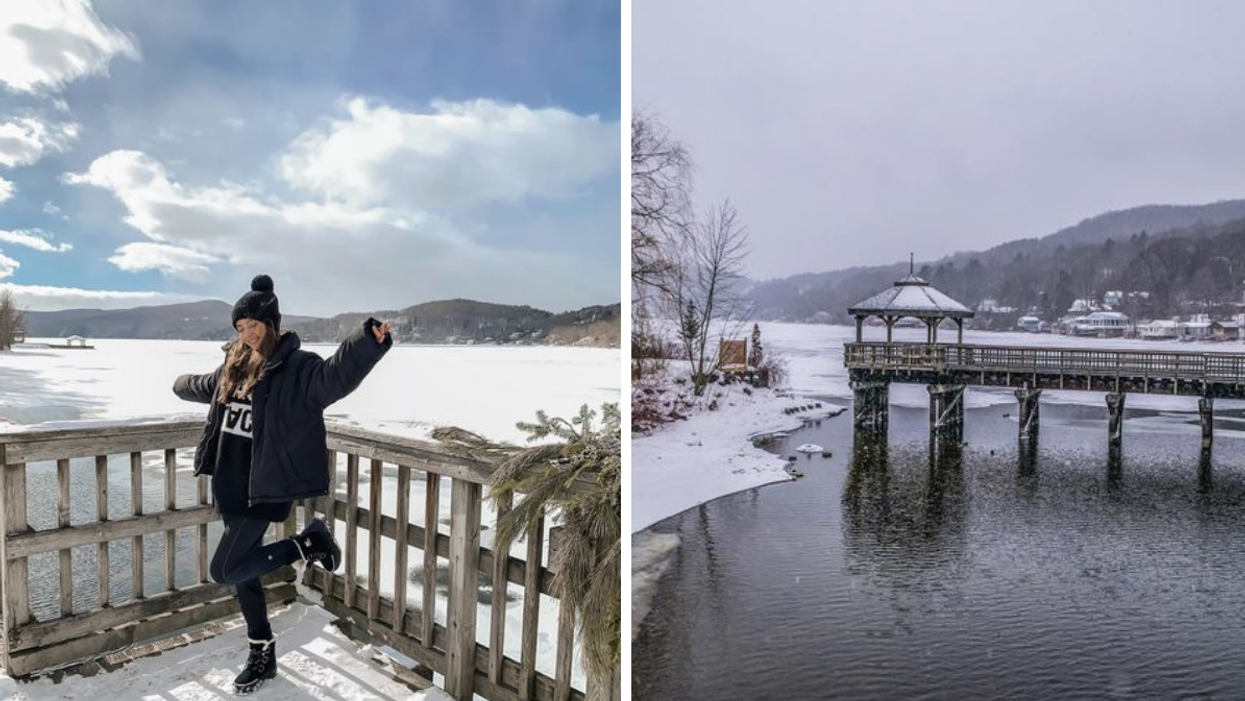Le lac Massawippi à North Hatley. Droite : Pont au dessus du lac Massawippi à North Hatley.