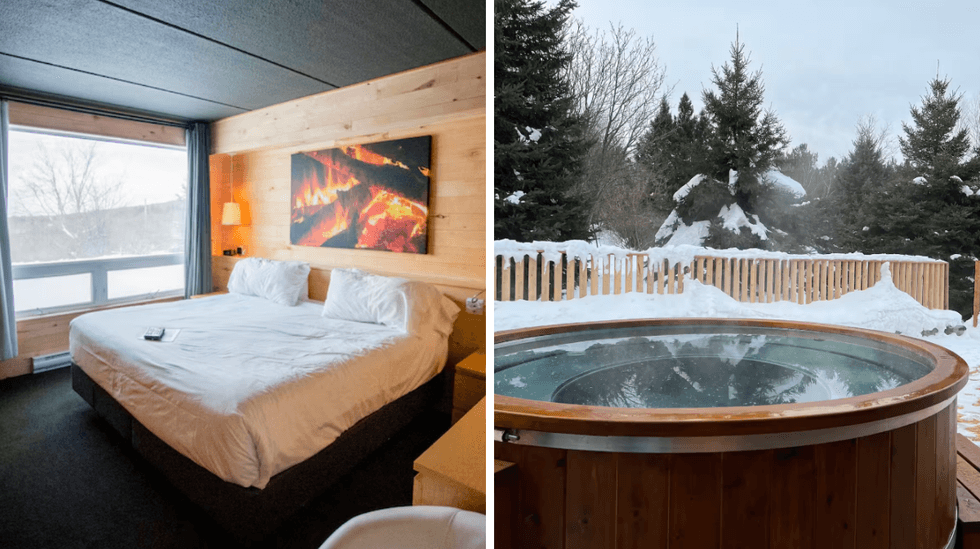 Le lit de la chambre King de l'H\u00f4tel Horizon. Droite : Le spa de l'H\u00f4tel Horizon \u00e0 Sutton.