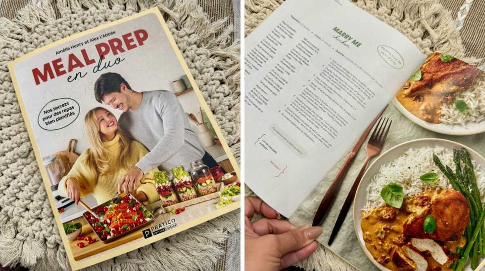 Le livre Meal prep en duo: Nos secrets pour des repas bien planifi\u00e9s d'Alex Labb\u00e9e et Am\u00e9lie Henry. Droite : une recette dans le livre.
