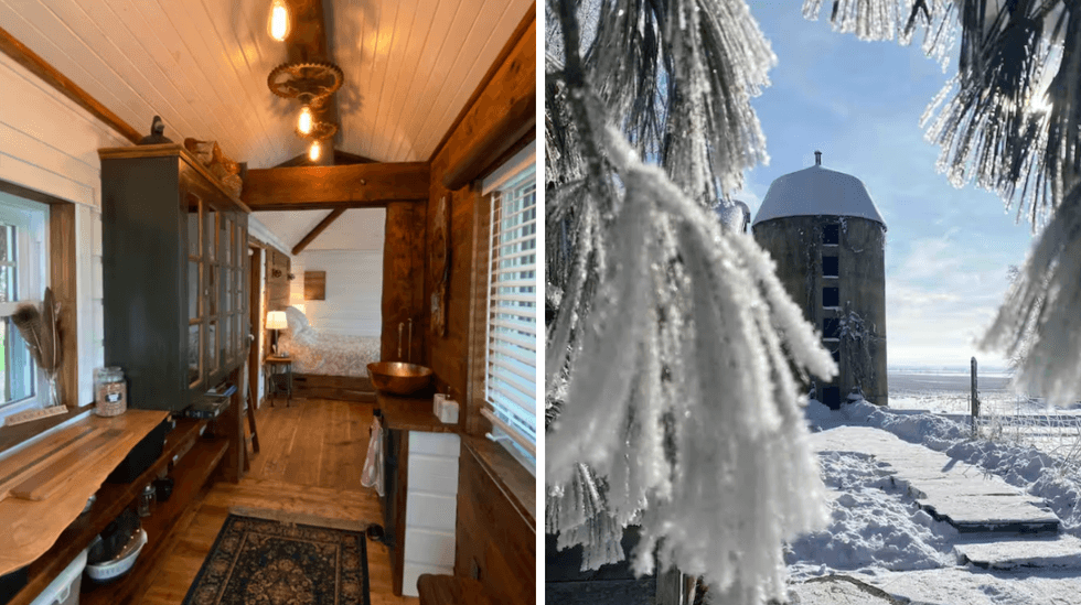 Le Lodge, une ancienne maison de lait situ\u00e9e sur une ferme \u00e0 Ormstown au Qu\u00e9bec. Droite : Le terrain du g\u00eete \u00e0 la Ferme Coco & Sabot.