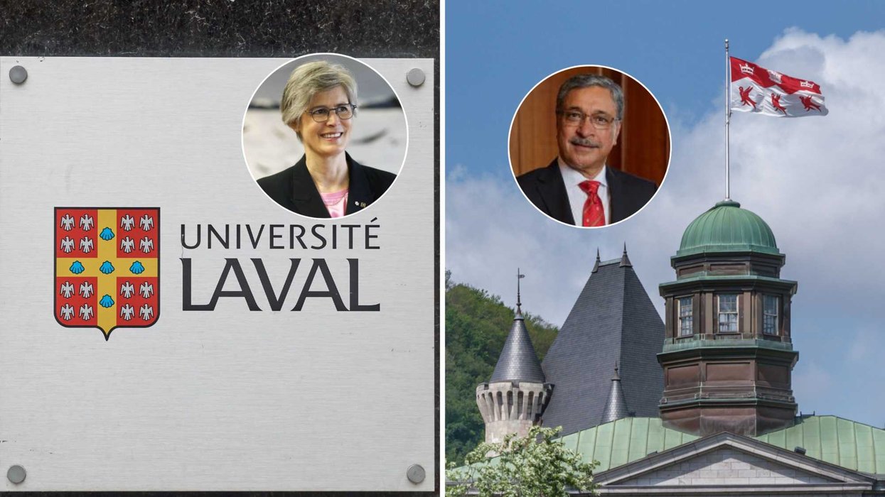 Le logo de l'Université Laval avec en mortaise sa rectrice. Droite : L'université McGill avec en mortaise son recteur.